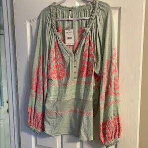 Free People Green Long Sleeve Relaxed Blouse